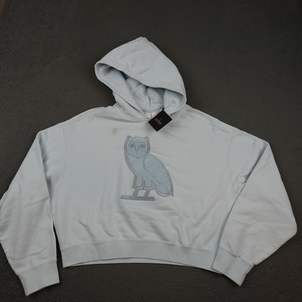 October's Very Own OVO Hoodie Pullover Womens XL Omphalodes Blue Owl Cropped